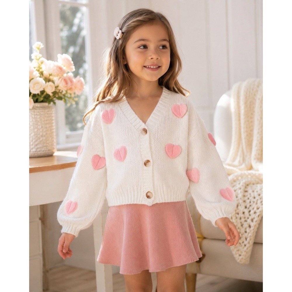 SHEIN Girls 5Y Heart Cardigan White Knit Button Front Puff Sleeve Sweater